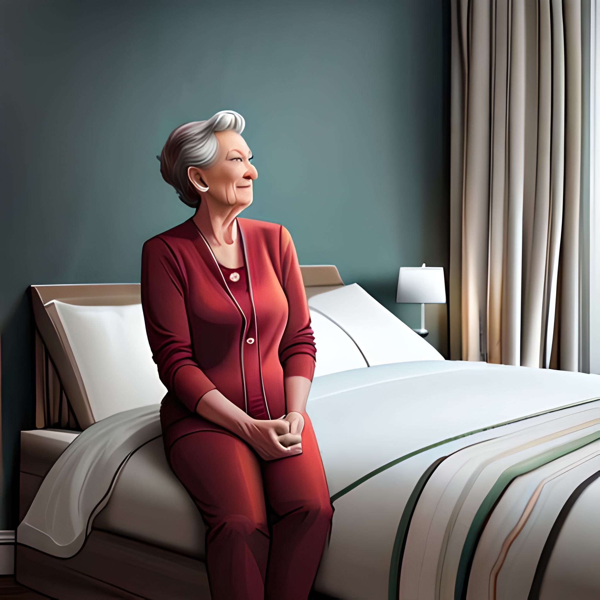 Mujer mayor sentada encima de una cama sonriendo con un vestido rojo
